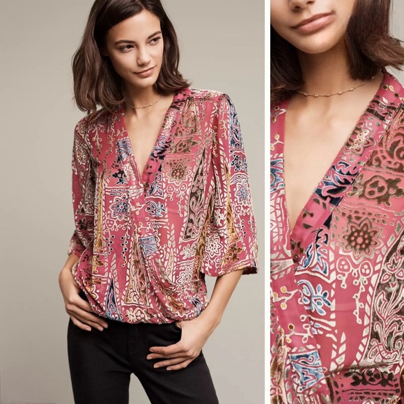 Anthropologie | Floreat Velvet Japonica Wrap Blouse  Silk Blend Size Medium - Picture 1 of 11